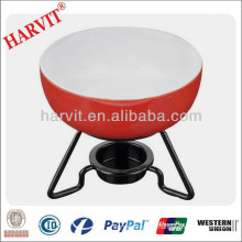 Wholesale Chocolate Fondue Set / Ceramic Red Cooking Pots With Metal Stand / Pizza Cheese Fondue